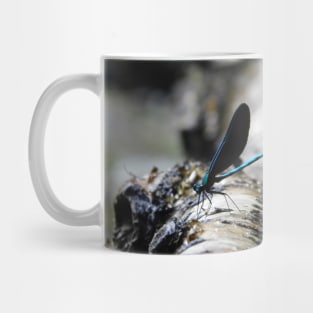 Electric blue dragonfly resting on a tree branch in Michigan Mug